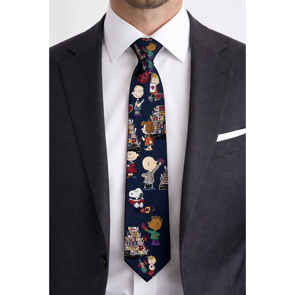 Peanuts Snoopy Charlie Brown Mens One Size Blue Excellent Valentine Silk Necktie